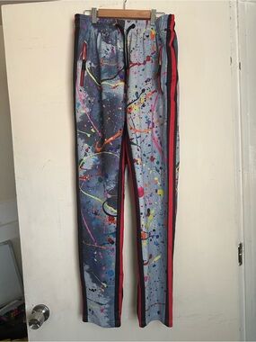 Paint-Splatter Track Pants in Gray with Neon Accents